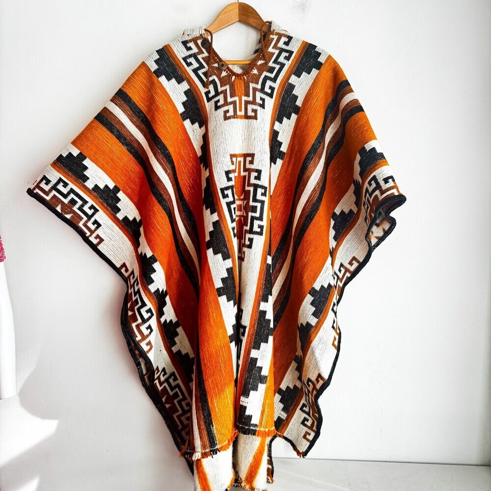 Milmarte Vintage Boho Thick 100% Wool Southwestern Poncho w hood OS/XL